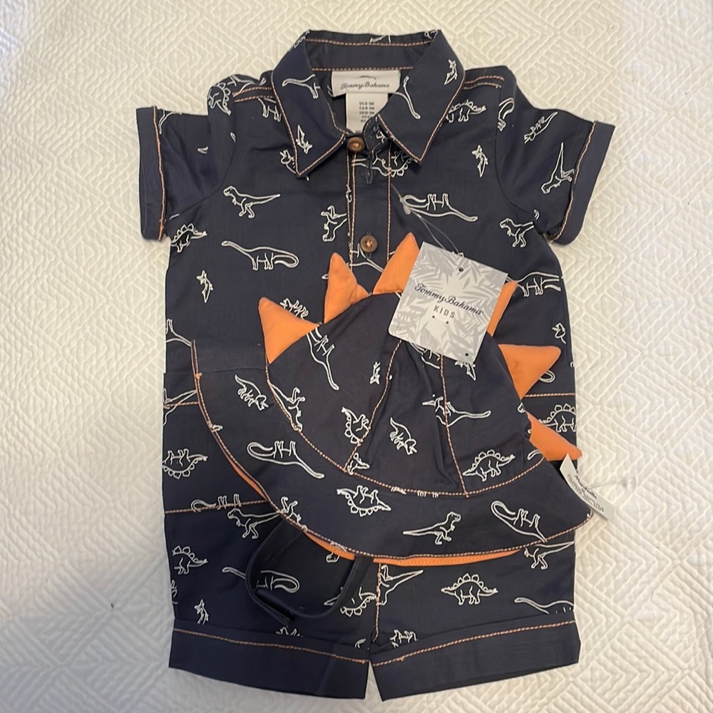 New with tags Tommy Bahamas dinosaur onesie with matching hat.